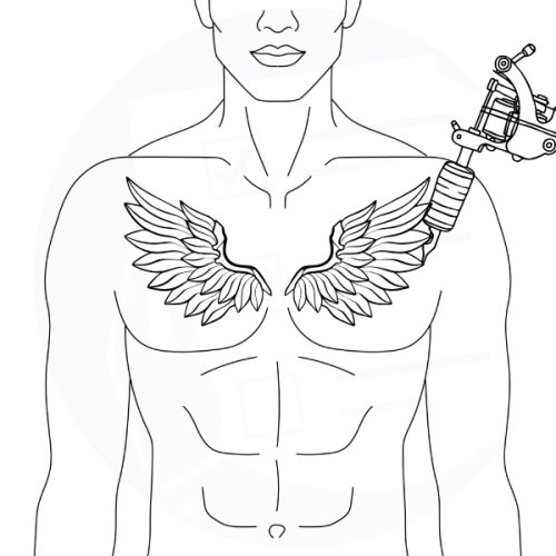 Disegno stilizzato di un uomo con tatuaggio ornamentale sul petto